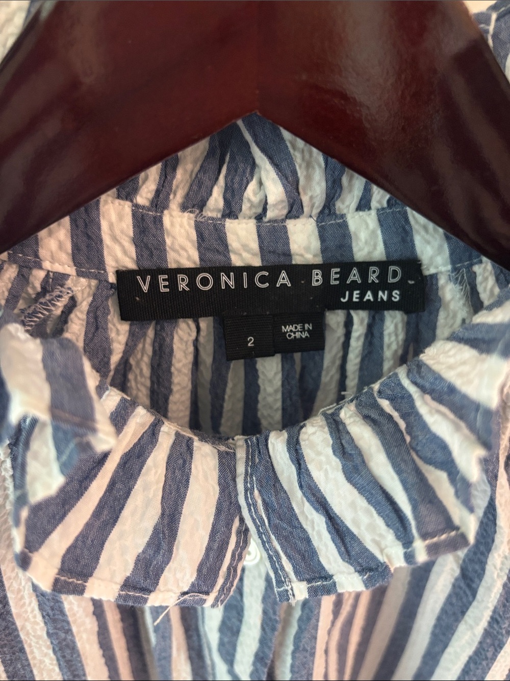 Veronica Beard Blue and White Striped Ruffle Neck Button-Front Blouse - Picture 2 of 6
